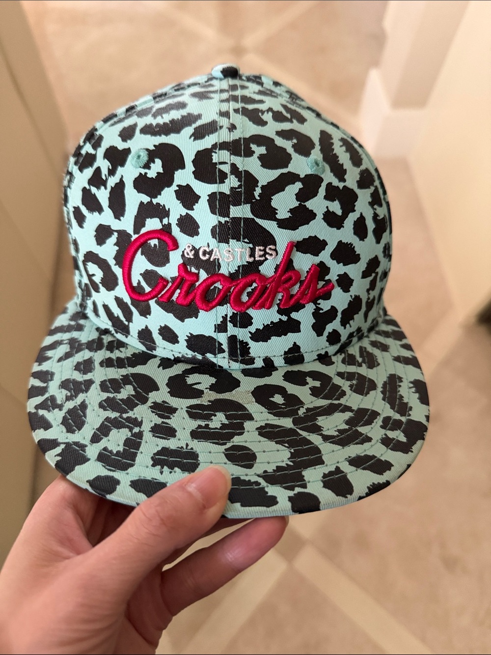 Crooks & Castles Mint Leopard unisex Snapback with Pink Script